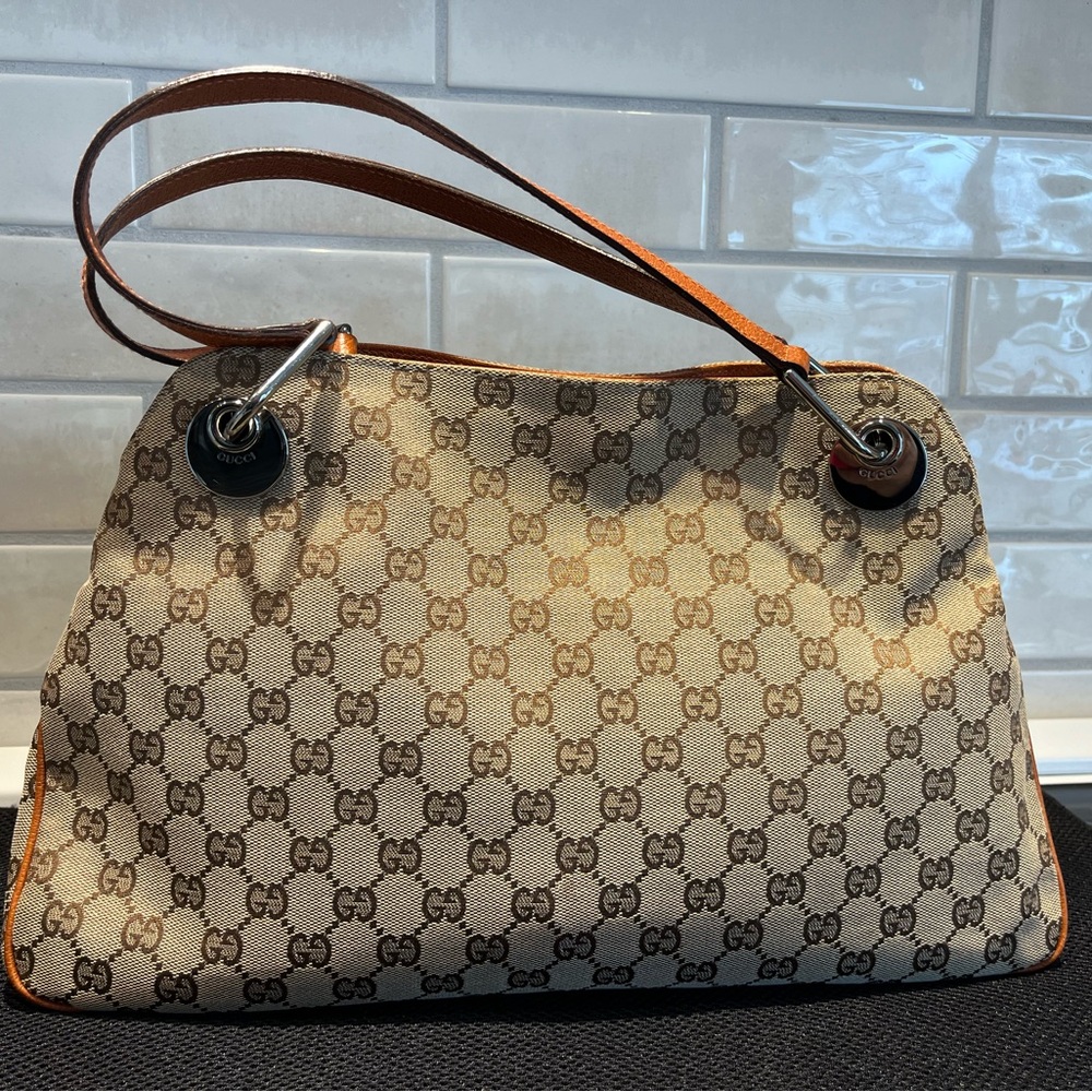 Gucci Cream and Brown Monogram Shoulder Bag